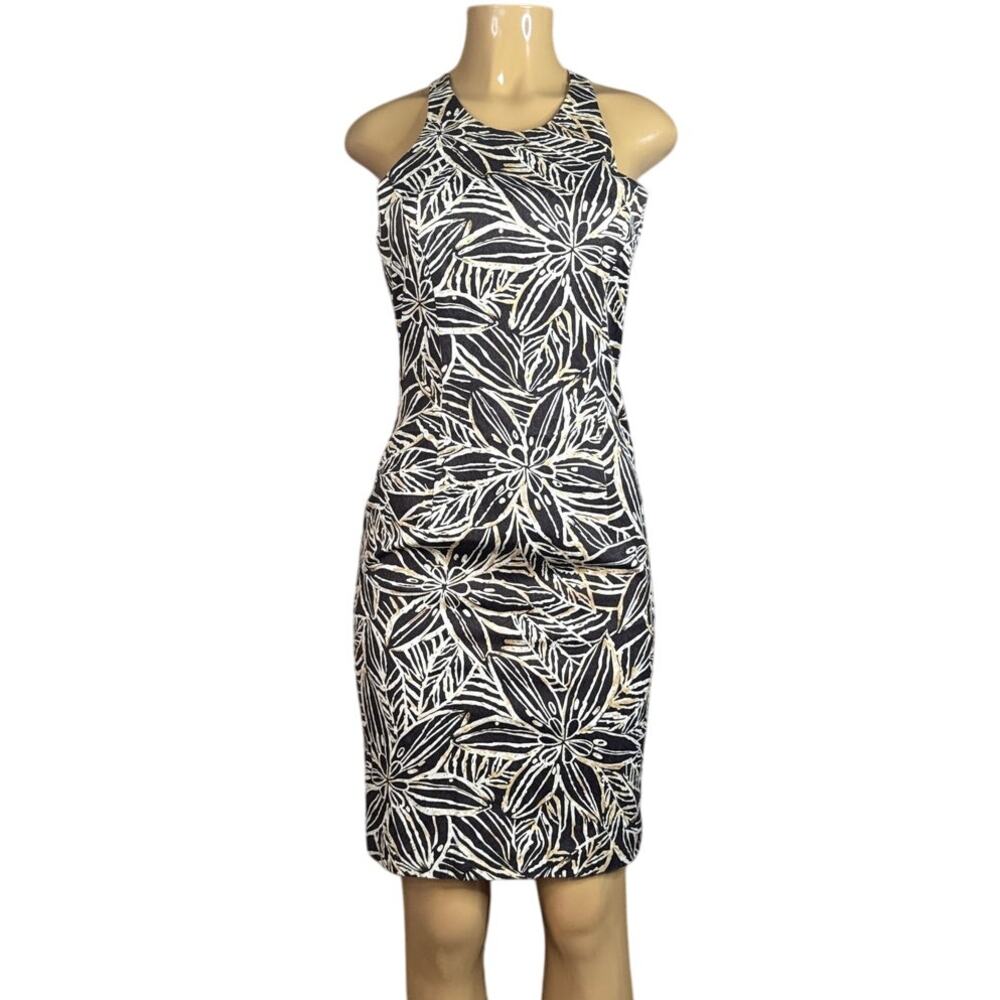 Muse Tropical Print Fitted Sleeveless T-Back Dress Ivory Brown SZ 4